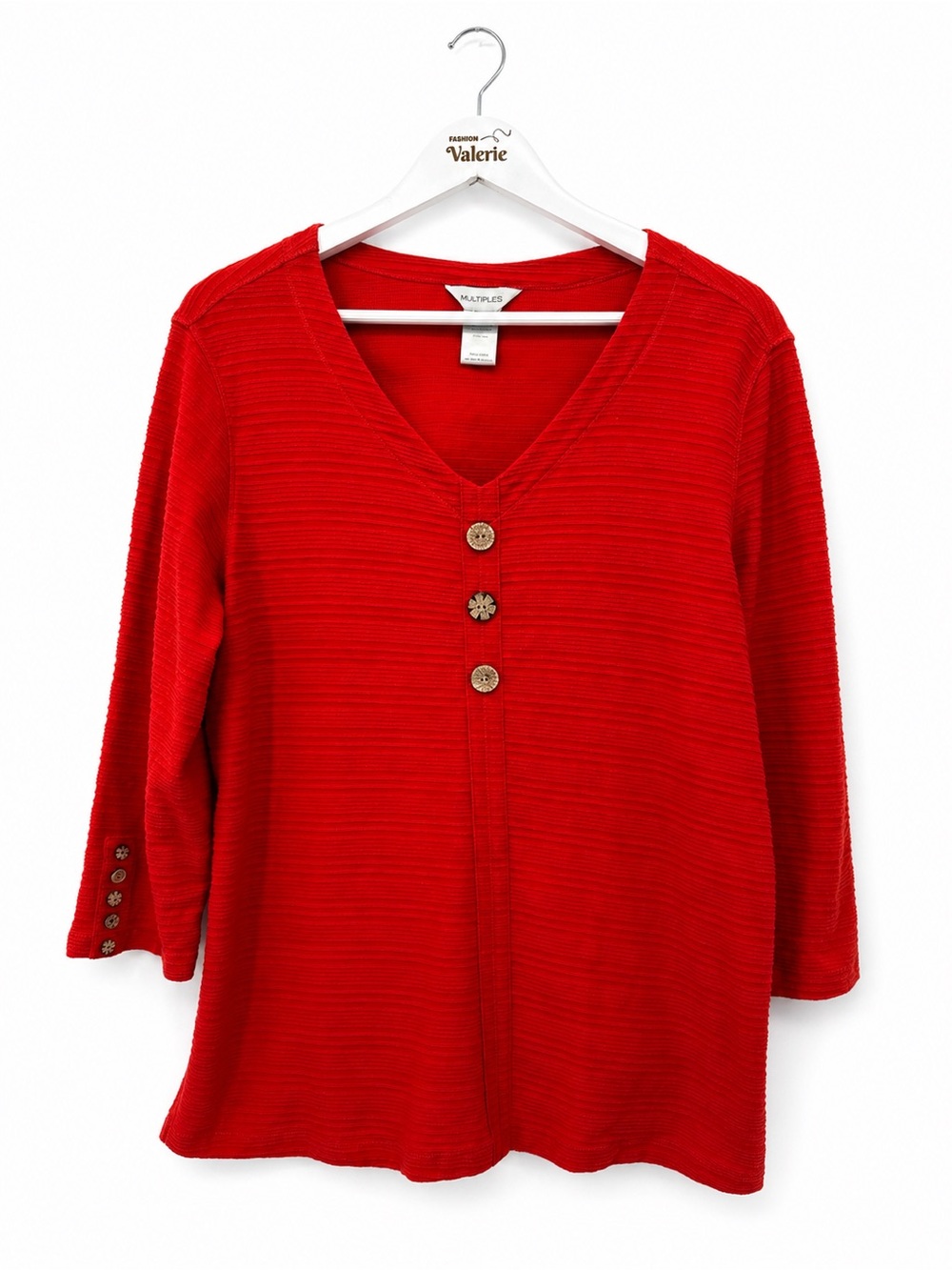 Multiples Red Orange Cotton Top 3/4 Sleeve Boho Button Ribbed Size Large